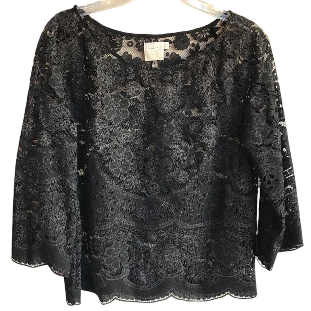 HD in Paris Mesh Popover Blouse with Lacey Pattern Overlay size 12